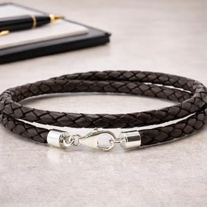 Mens Braided Leather Bracelet | Sterling Silver Clasp, 5mm Dark Brown Double Wrap