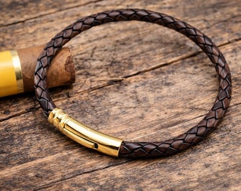Herrflätat läderarmband med guldfärgat rostfritt stålspänne - 5 mm antik mörkbrun snodd