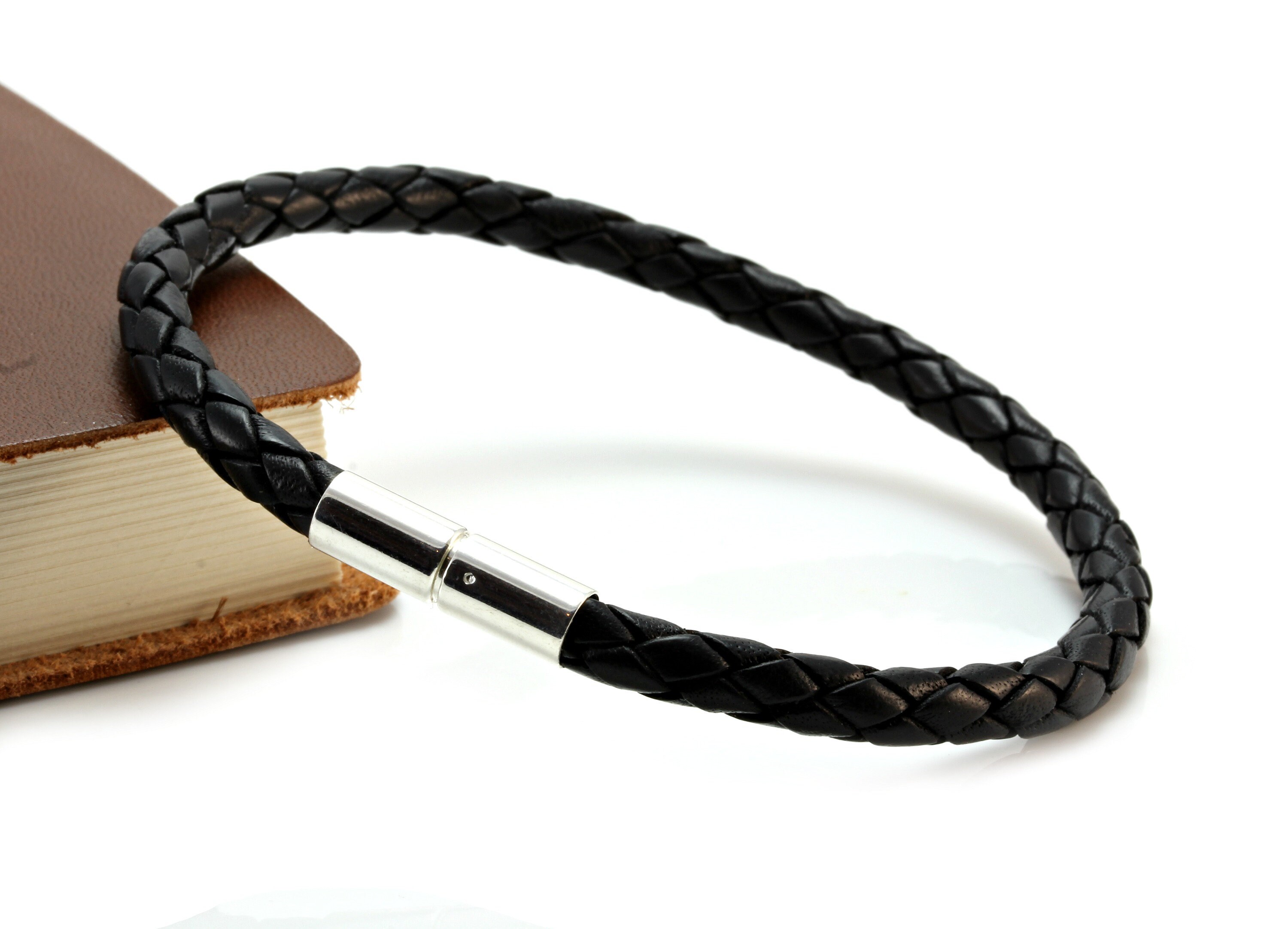 Mens braided leather shop bracelet with silver clasp