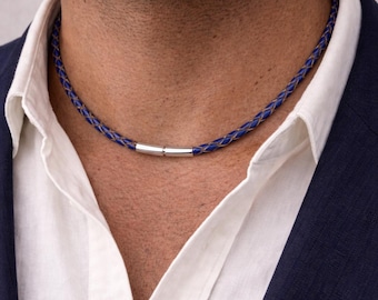 Blaue Leder Halskette mit Sterling Silber Drehverschluss-Männer/Damen