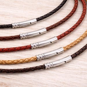 Collar de cuero trenzado para hombre - Cierre de acero inoxidable - Cordón genuino de 4 mm - Varios colores a elegir