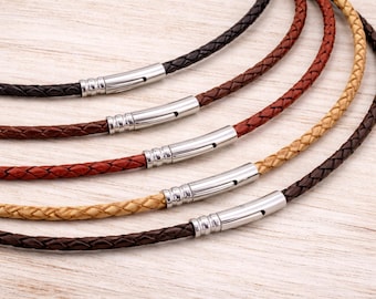 Gevlochten leren ketting heren - roestvrijstalen sluiting - echt koord van 4 mm, kleurkeuze