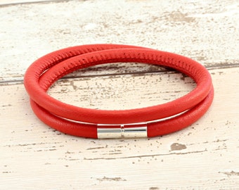 Mens/Ladies 5mm Nappa Leather Bracelet-925 Sterling Silver Clasp-Red-Handmade