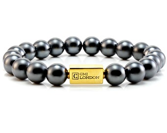 Men's Hematite and Gold Beaded Bracelet-Mens Bead Bracelet-Essential 24K Gold Bead Bracelet-Natural Stone Bracelet