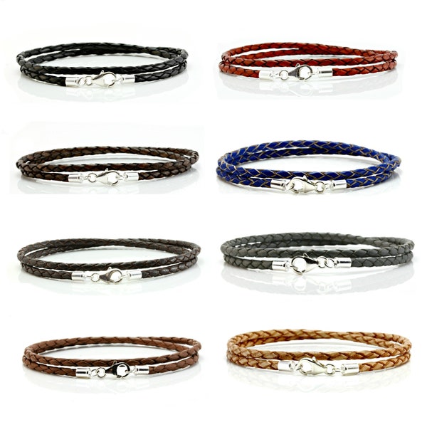 Genuine Leather Bracelet-Double Wrapped Braided Leather Wristband-Sterling Silver Ends And Clasp