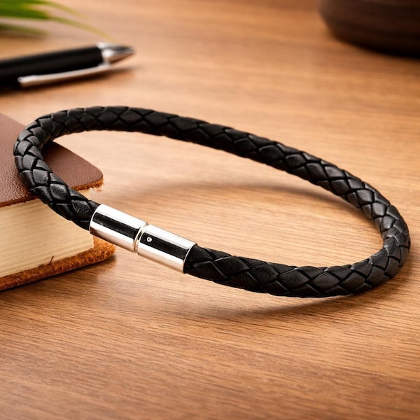 Men's Leather Bracelet – Black Braided  5mm-Sterling Silver Clasp