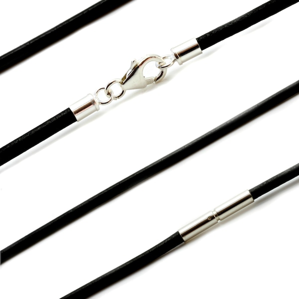 Mens leather necklace with sterling silver clasp-Genuine 3mm Greek Leather Thong/Cord necklace-Black-Clasp Choice