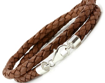 5mm Braided leather Bracelet with Sterling Silver Ends and Clasp Light Brown Double Wrapped Leather Wristband-925 Silver Clasp