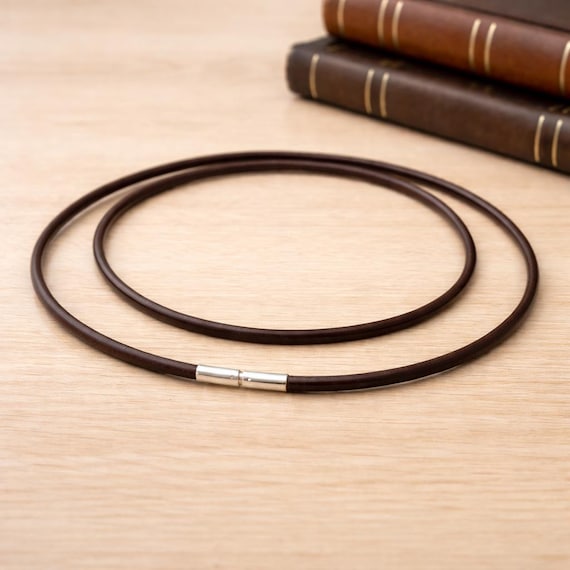 Mens Dark Brown Leather Necklace with Sterling Silver Clasp–Handmade in the UK