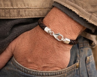 Herren Lederarmband mit Sterling Silber Verschluss-5 mm dunkelbraun geflochten