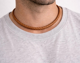 Leren herenketting met sterlingzilveren uiteinden en sluiting, 5 mm gevlochten lichtbruin