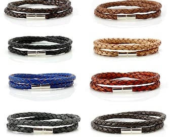 Mens Braided leather Bracelet with Sterling Silver Twist Clasp | Double Wrapped Braided Leather | Colour Choice| Double Wrapped Bracelet