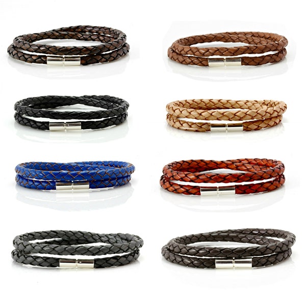 Herren geflochtenes Lederarmband mit Sterling Silber Drehverschluss | Doppelt gewickeltes geflochtenes Leder | Farbauswahl| Doppelt gewickeltes Armband