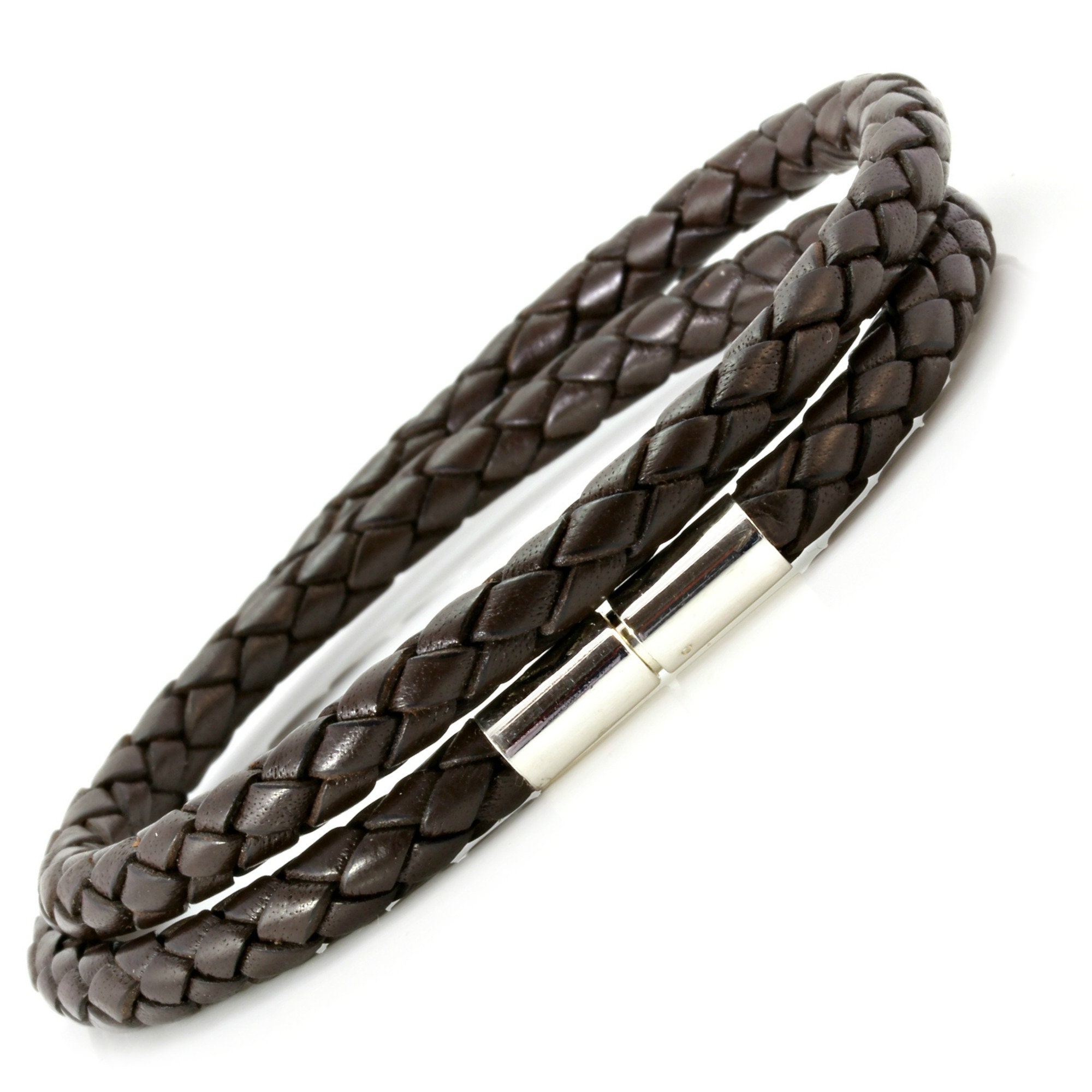 Slim Braided Leather Bracelet With Silver Clasp-Double Wrapped