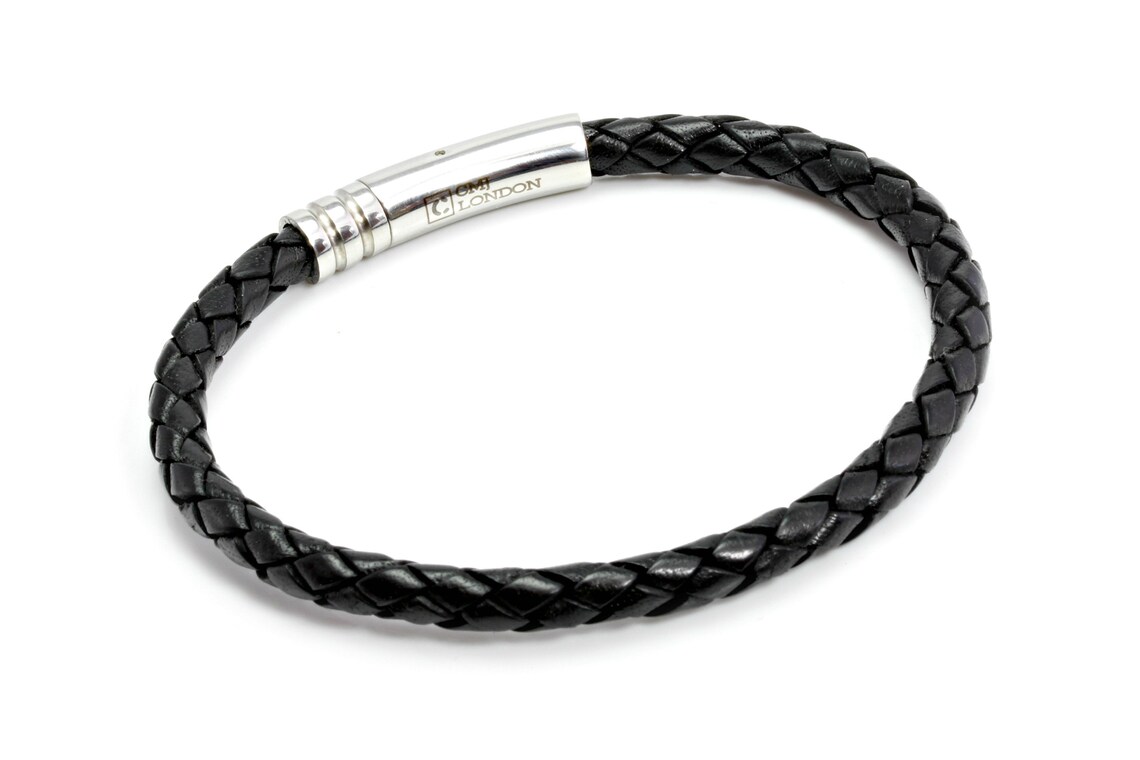 Mens Leather Bracelet With Stainless Steel Trigger 5mm Black Etsy UK