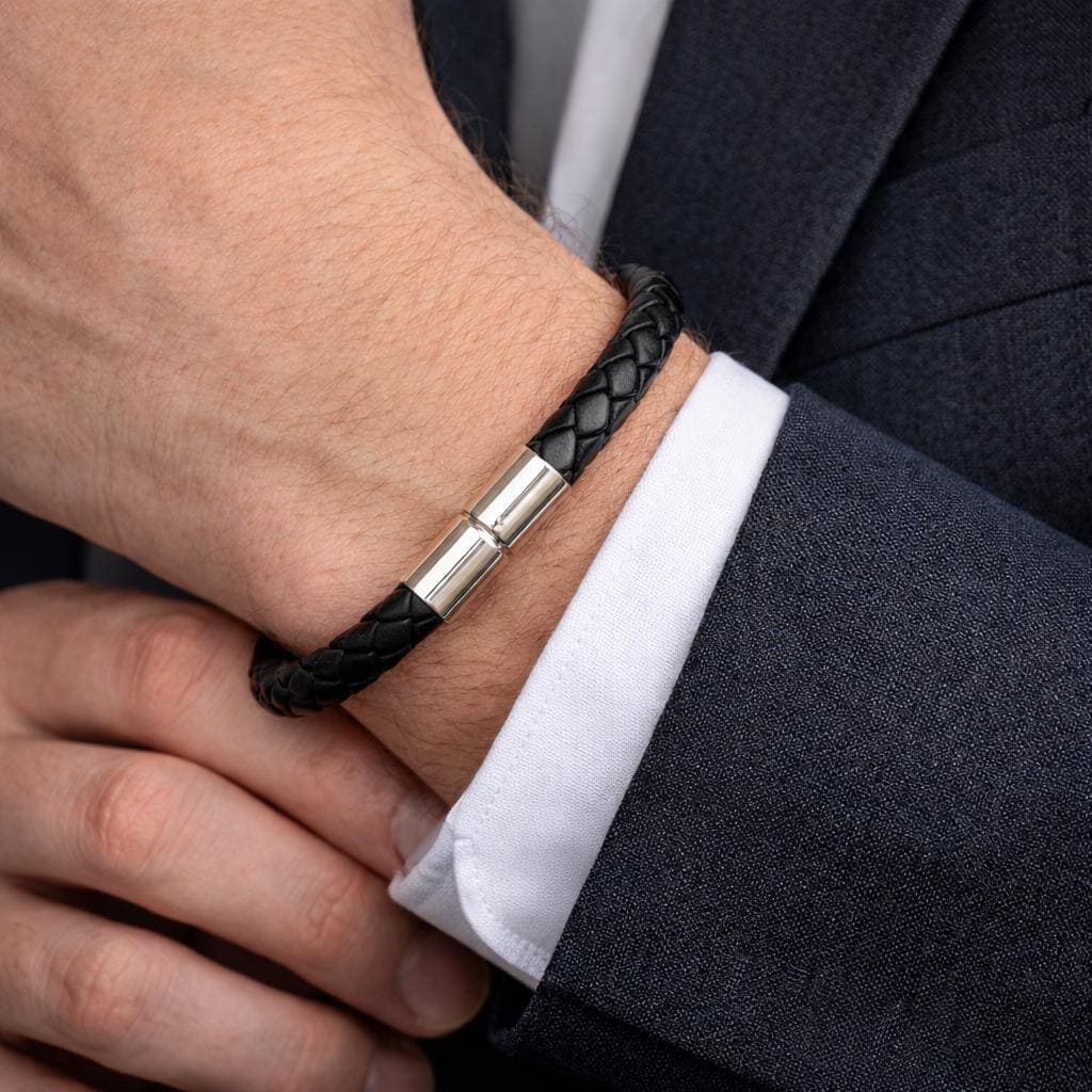 メンズレザーブレスレット、スターリングシルバー留め金、純正5mm