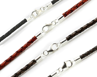 Braided Leather Necklace with Sterling Silver Clasp, 3mm Cord, Colour Choice
