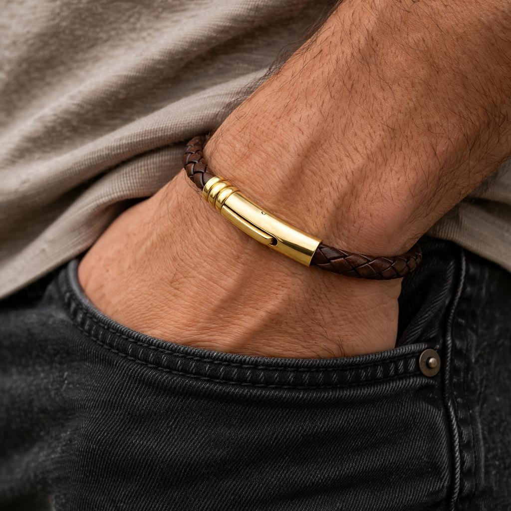 Leporem Braided Leather Bracelet For Women – 18K Gold Plated Push
