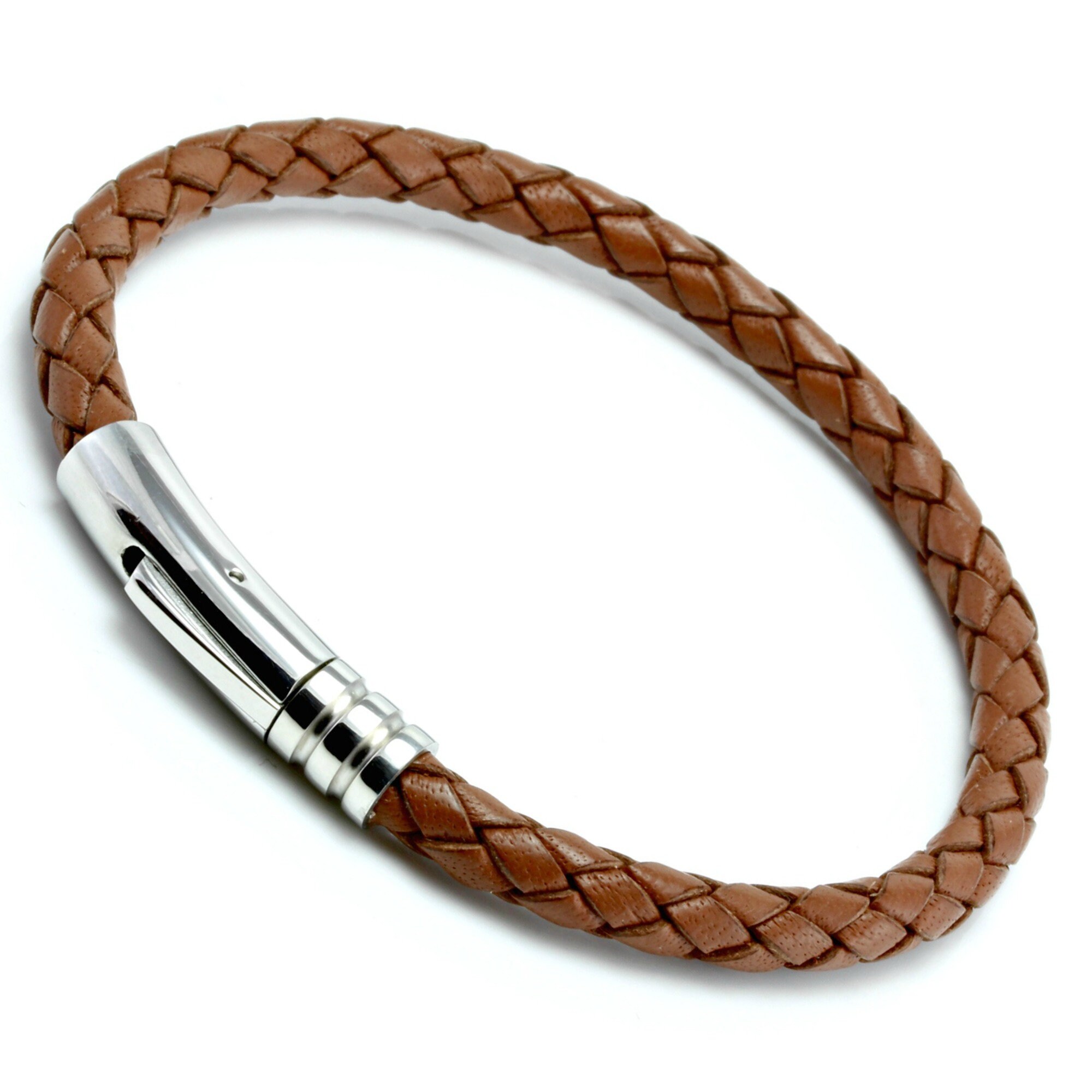 Stainless Steel Polished Genuine Leather Braided Bracelet
