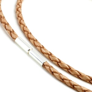Mens / Ladies 3mm Braided leather necklace with sterling silver Twist clasp-Genuine Leather Thong/Cord necklace-Natural Tan