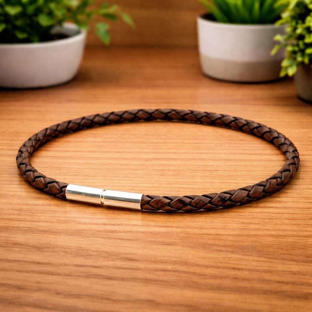 レザー編み込みブレスレット スターリングシルバー 3mm幅編み込みレザーブレスレット（スターリングシルバー留め具付き