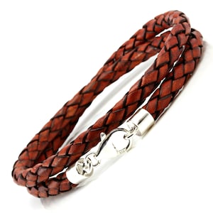 Men&#39;s leather Bracelet,925 Sterling Silver Ends and Clasp, 5mm Double Wrapped Woven Leather,Genuine Red Brown Braided Cord