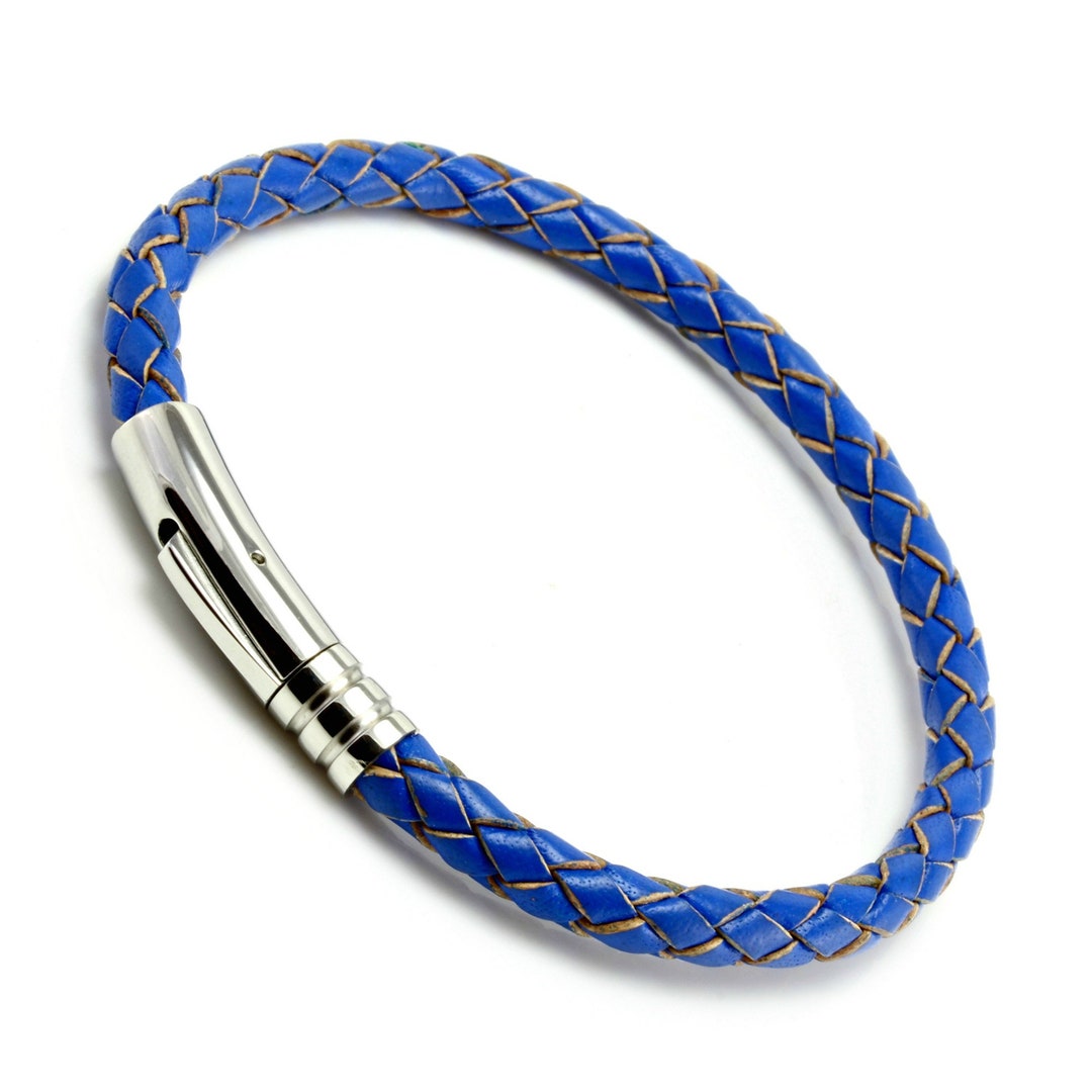 Mens Blue Leather Bracelet With Stainless Steel - Etsy UK