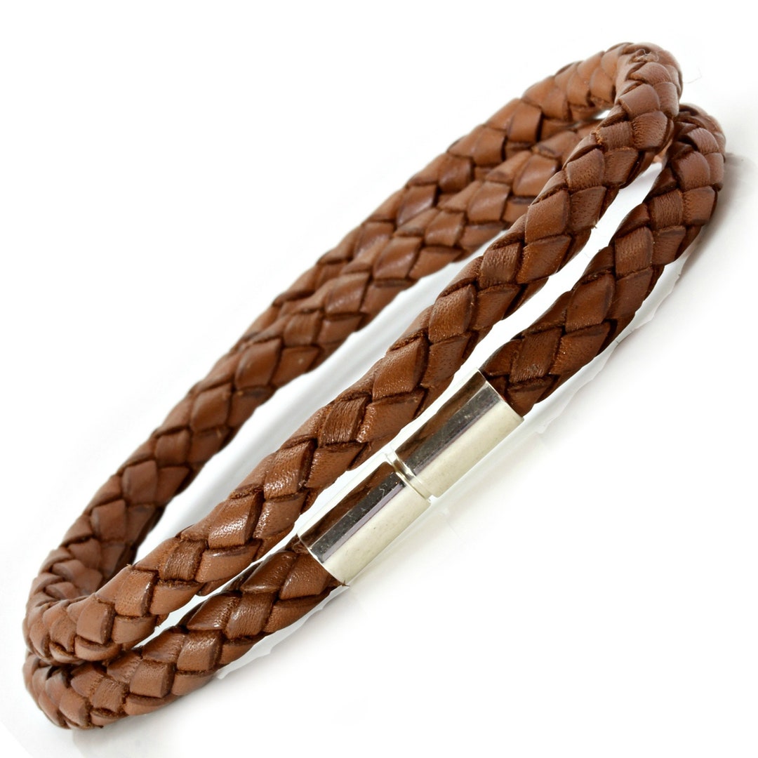 Mens Leather Bracelet With Sterling Silver Push & Twist Clasp Genuine ...