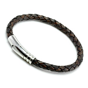 Stainless Steel & Leather Bracelet-5mm Antique Brown Braided Leather Man Bracelet