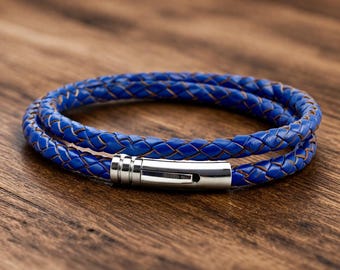 Men's Blue Leather Bracelet, Stainless Steel Clasp-Genuine 5mm Braided Cord