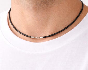 Herren Schwarz Leder Halskette - Sterling Silber Verschluss