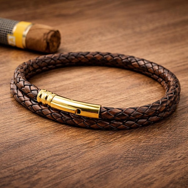 Herren Leder Armband mit Gold Verschluss-echt 5 mm Antique Brown Geflochtene Schnur
