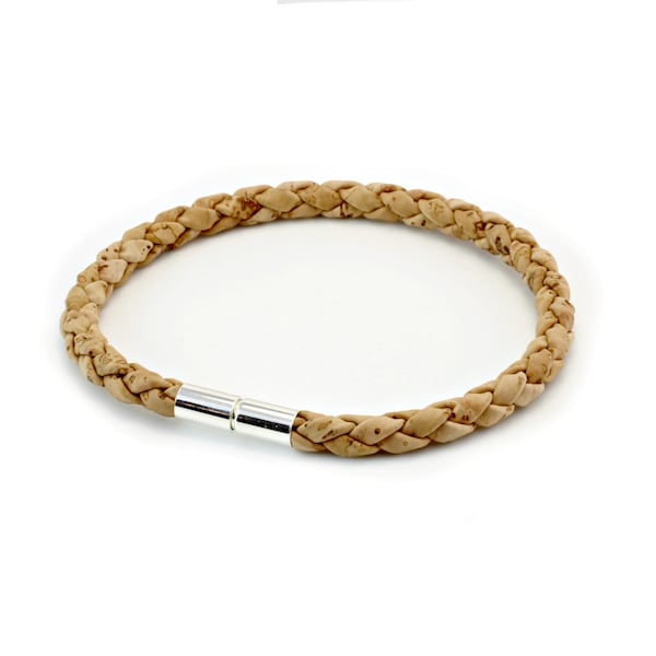 Mens Braided Cork Bracelet with Sterling Silver Push and Twist Clasp - 5mm Natural Portuguese Cork - Vegan Leather Alternative