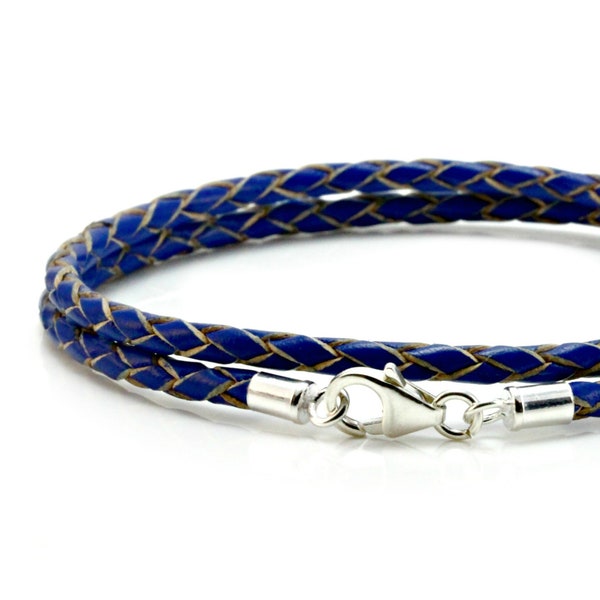 Blue Leather Bracelet with Sterling Silver Clasp-3mm double Wrapped Braided Leather Cord Bracelet-Men's or Ladies