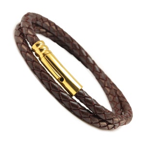 Mens Braided Leather Bracelet-Gold Stainless Steel Clasp-Chunky Dark Brown Leather Cord-Double Wrapped Leather Bracelet