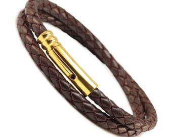 Mens Braided Leather Bracelet-Gold Stainless Steel Clasp-Chunky Dark Brown Leather Cord-Double Wrapped Leather Bracelet