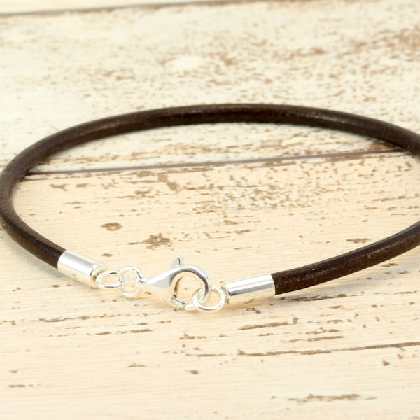 Genuine Leather Bracelet With Sterling Silver Clasp-3mm Dark Brown Greek Leather-Add Your Charms Bracelet Pandora Troll Beads