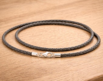 Graue geflochtene Lederkette - Sterling Silber Verschluss, Unisex