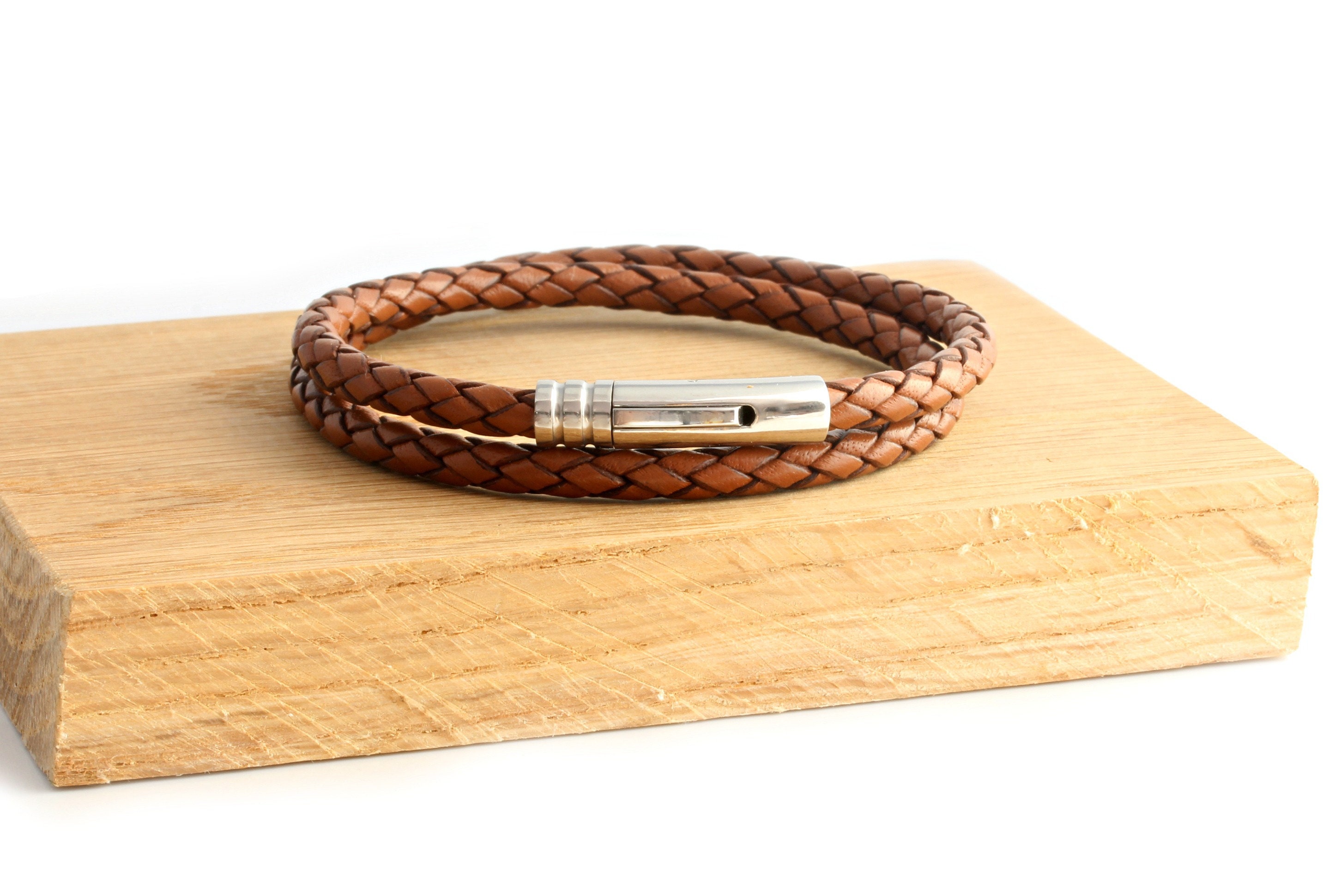 Brown Leather Bracelet, Stainless Steel Clasp, Genuine 8mm Braided Leather Cord, Mens Bracelet