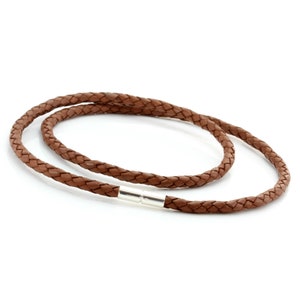 Klobige geflochtene Lederkette für Herren - 5 mm echte hellbraune Lederschnur mit Sterlingsilber-Drehverschluss