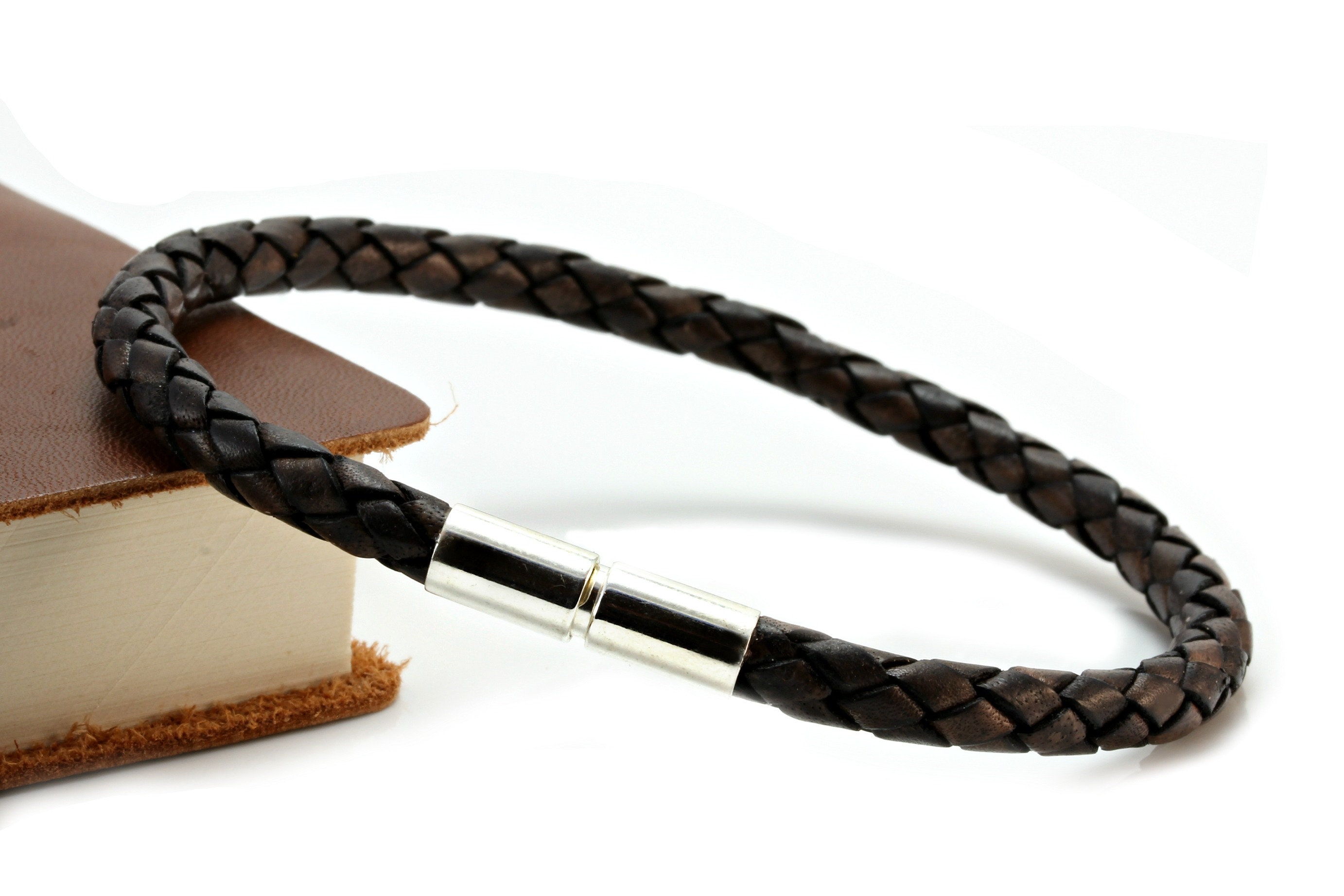 Mens braided leather best sale bracelet with silver clasp