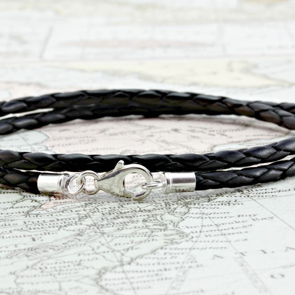 Bracelet en cuir véritable pour homme/femme - Bracelet en cuir tressé double enveloppé - Extrémités et fermoir en argent sterling - Noir