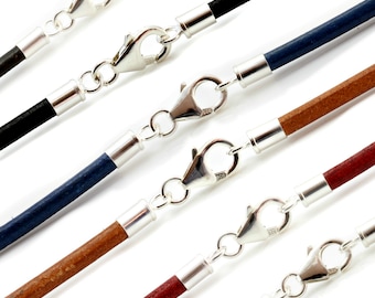 Collar de cuero de 3 mm para hombre o mujer con extremos y cierre de plata de ley. Cordón griego auténtico. Color a elegir.