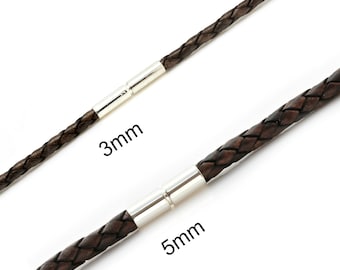 Genuine Braided leather necklace with sterling silver Twist clasp-Real Leather Thong/Cord necklace-Size choice-Antique Dark Brown