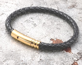 Bracelet homme en cuir tressé noir avec fermoir en acier inoxydable doré