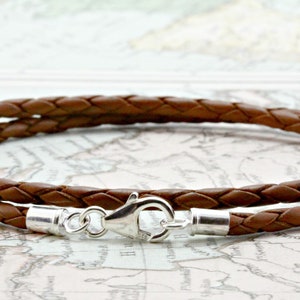 3mm Braided leather Bracelet With Sterling Silver Ends & Clasp-Double wrapped light Brown-Genuine Leather Cord