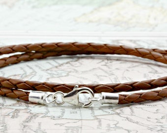 3mm Braided leather Bracelet With Sterling Silver Ends & Clasp-Double wrapped light Brown-Genuine Leather Cord