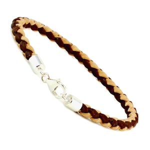 Mens Braided Cork Bracelet with 925 Sterling Silver Clasp - 5mm Natural & Brown Plaited Cork - Vegan Leather Alternative