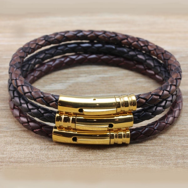 Mens Leather Bracelet-Gold Stainless Steel Trigger Clasp-Genuine 5mm Braided Leather Bracelet-Colour Choice