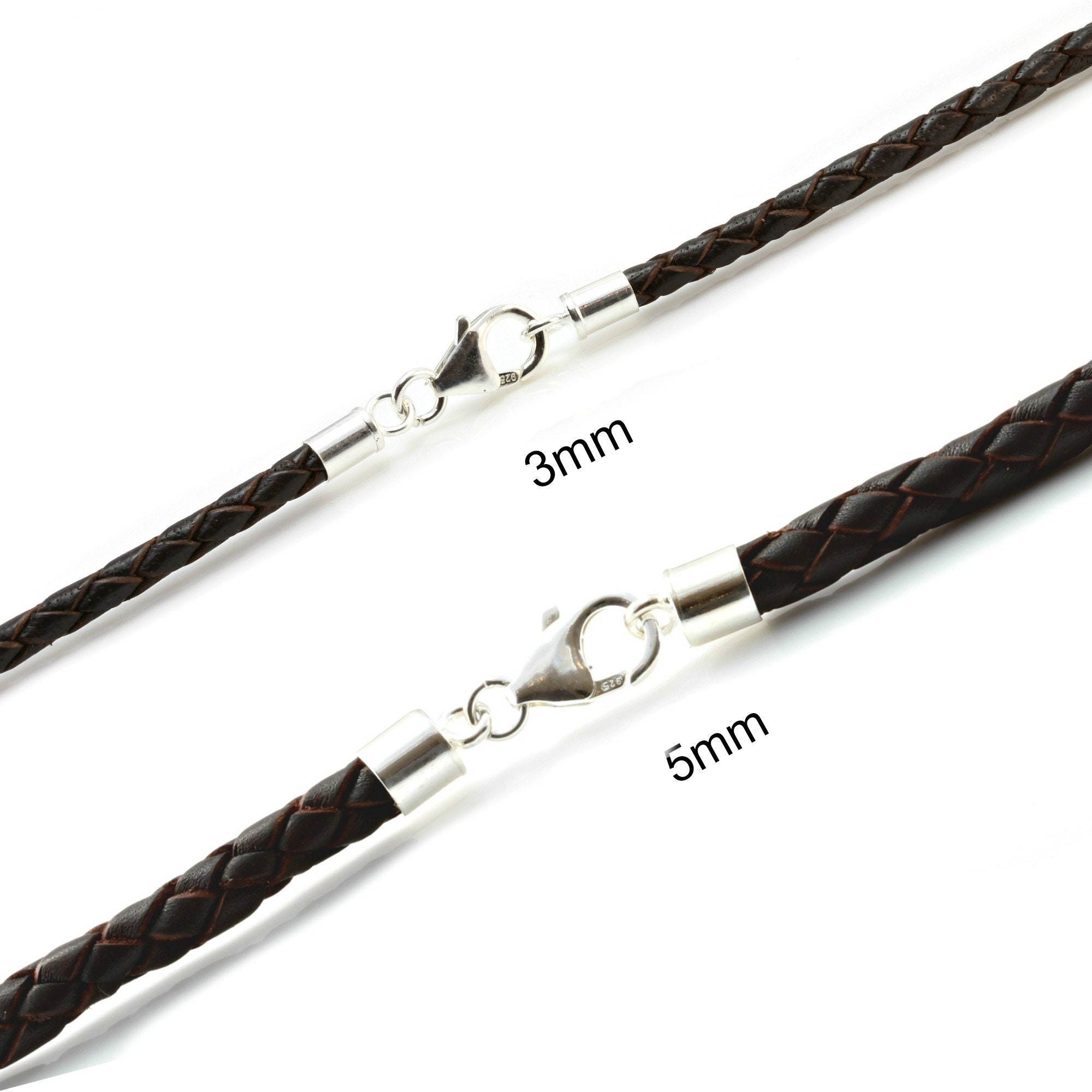 3mm Braided Black Leather Cord Chain & Sterling Silver Clasp Necklace